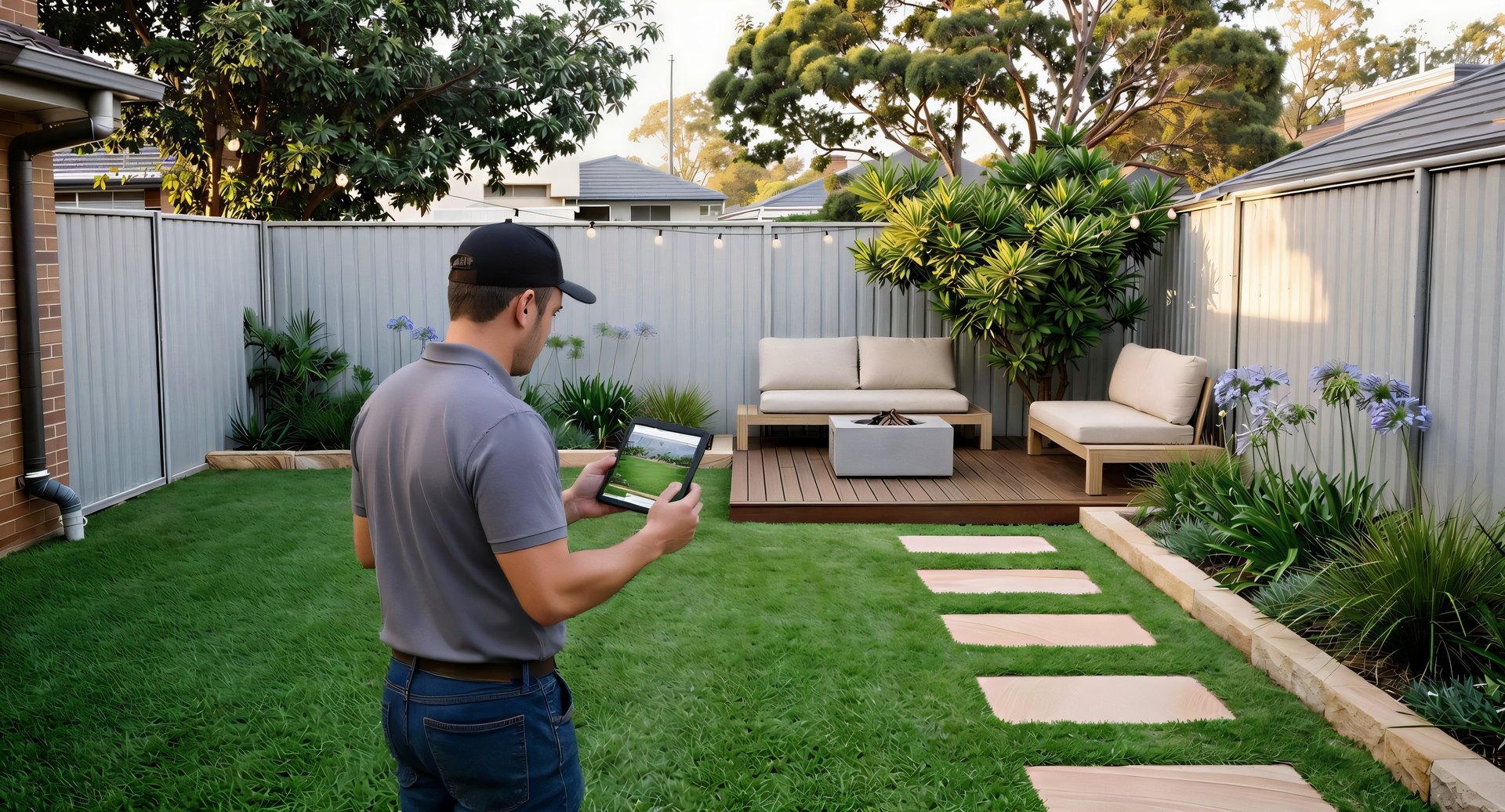 Lucas rendering the client's actual yard on-site at 14 Wattle St